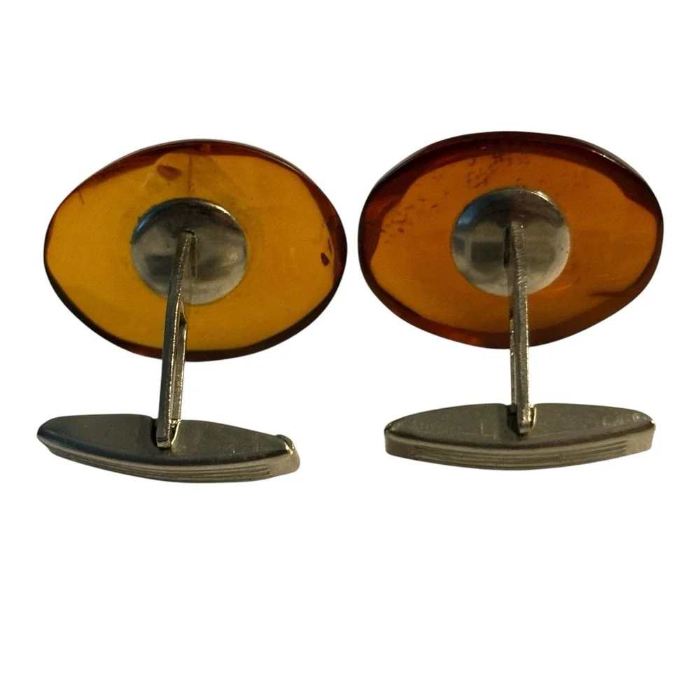 Baltic Amber Cufflinks Signed MET Vintage Unique‎ Nature Oval MCM Translucent